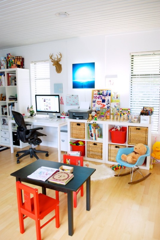 playroom office kid play storage combo area nursery rooms organized playspaces beautifully desk space toy spaces shared kidsomania fun study